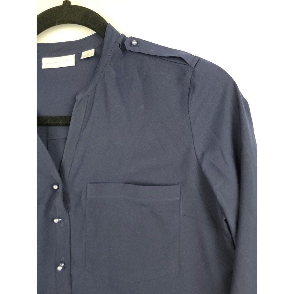 New York & Company Womens XS Navy Blue Split Neck Long Sleeve Blouse Epaulettes - Picture 6 of 10